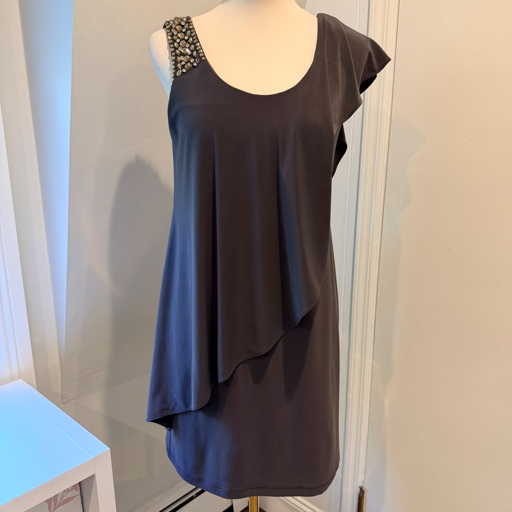 Betsy & Adam Charcoal/Taupe Jersey Overlay Sheath Dress Jeweled Strap | Size 4